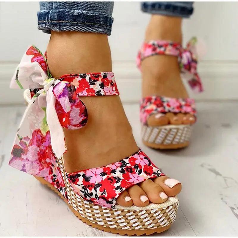 Stevvex women's floral platform sandals with bow ankle ties and woven wedge sole on Tampa Home & Garden Store