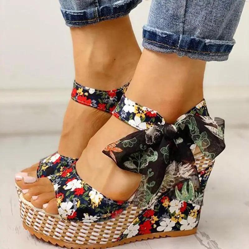 Stevvex floral wedge sandals with bow-back strap, open toe, woven platform on Tampa Home & Garden Store