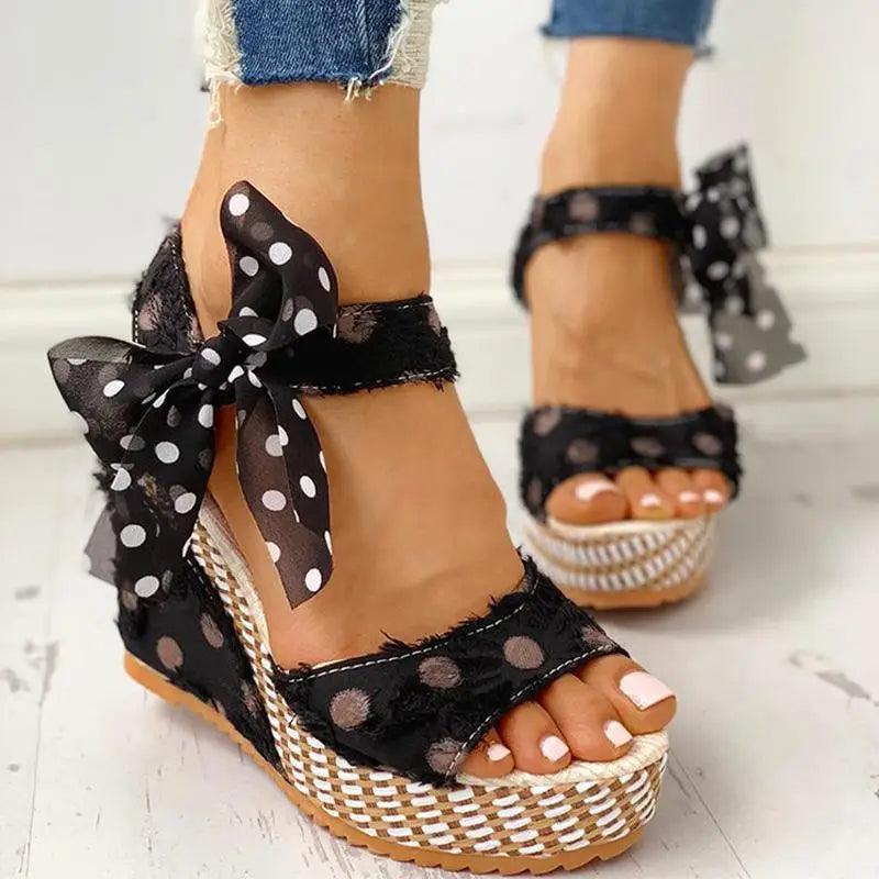Stevvex ST45521JLU wedge sandals with black polka dot bow ankle strap on Tampa Home & Garden Store