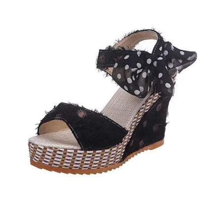 Stevvex wedge sandals with black fabric and polka-dot bow ankle strap, espadrille platform on Tampa Home & Garden Store