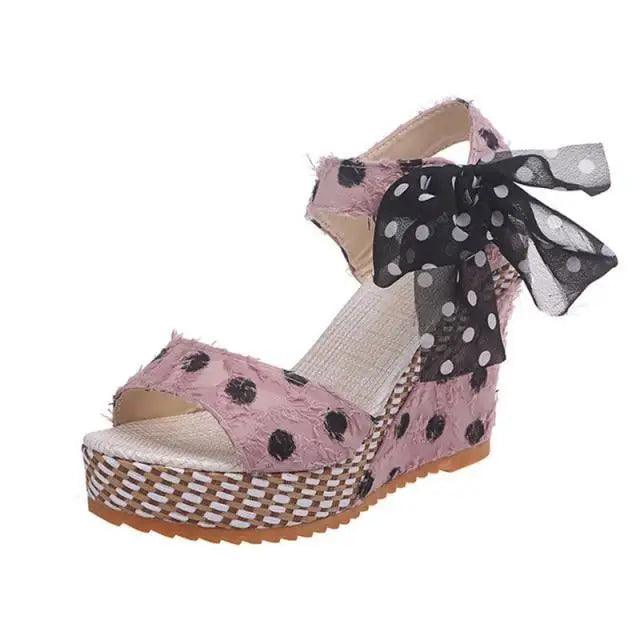 Stevvex ST45521JLU pink polka dot espadrille wedge sandal with black sheer bow ankle strap on Tampa Home & Garden Store