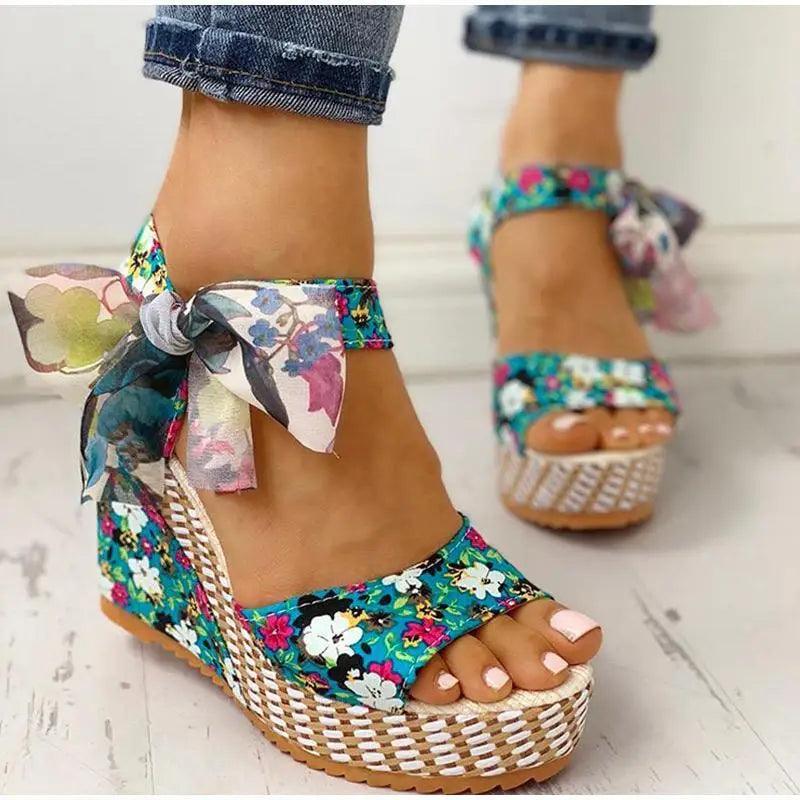 Stevvex women's turquoise floral wedge sandals with ankle bow scarf and braided espadrille sole on Tampa Home & Garden Store