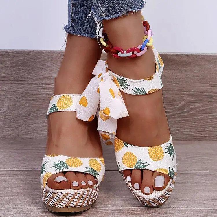 Stevvex women sandals white pineapple print with bow ankle strap and braided wedge sole on Tampa Home & Garden Store