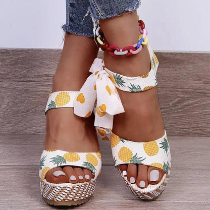 Stevvex women sandals white pineapple print with bow ankle strap and braided wedge sole on Tampa Home & Garden Store