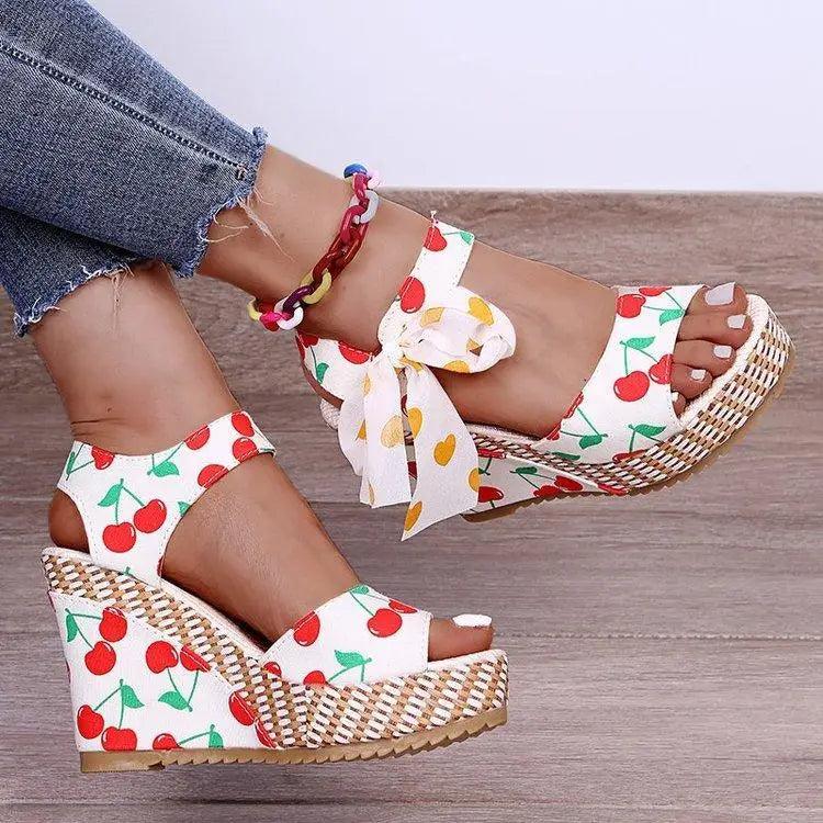 Stevvex cherry-print platform sandals with white fabric and woven jute wedge on Tampa Home & Garden Store