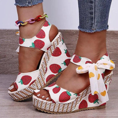 Stevvex wedge sandals white strawberry print with ankle strap and bow braided jute platform on Tampa Home & Garden Store
