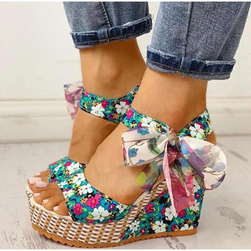 Stevvex floral wedge sandals with ankle strap and bow, multicolor fabric espadrille platform on Tampa Home & Garden Store
