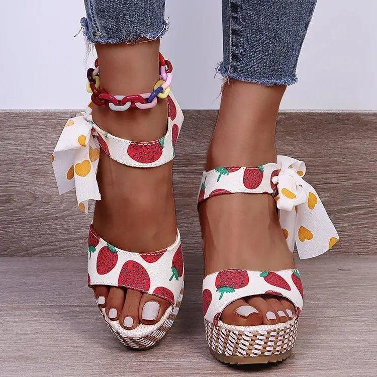 Stevvex strawberry print sandals with bow ankle wrap, white straps, woven platform sole on Tampa Home & Garden Store