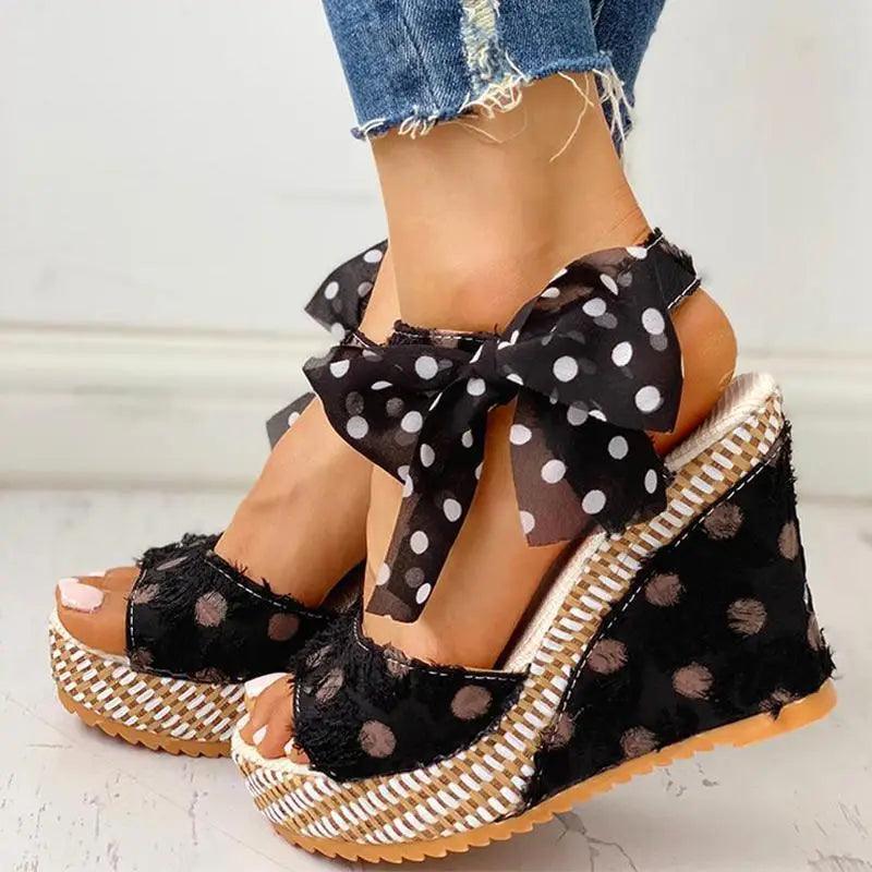 Stevvex women's wedge sandals with black lace upper and polka dot bow ankle strap on Tampa Home & Garden Store