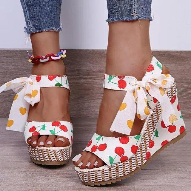 Stevvex cherry-print espadrille wedge sandals pair with bow ankle straps on Tampa Home & Garden Store