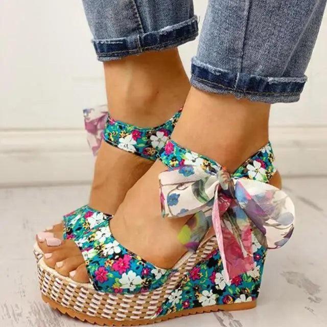 Stevvex floral wedge sandals with ankle strap and bow, colorful espadrille platform on Tampa Home & Garden Store