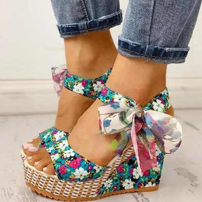 Stevvex floral wedge sandals with ankle strap and bow, colorful espadrille platform on Tampa Home & Garden Store