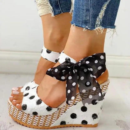 Stevvex white polka-dot wedge sandals with ankle bow and jute platform on Tampa Home & Garden Store