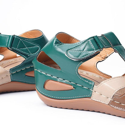 Stevvex teal leather sandals for women pair with cutout sides and tan sole, slip-on comfort on Tampa Home & Garden Store