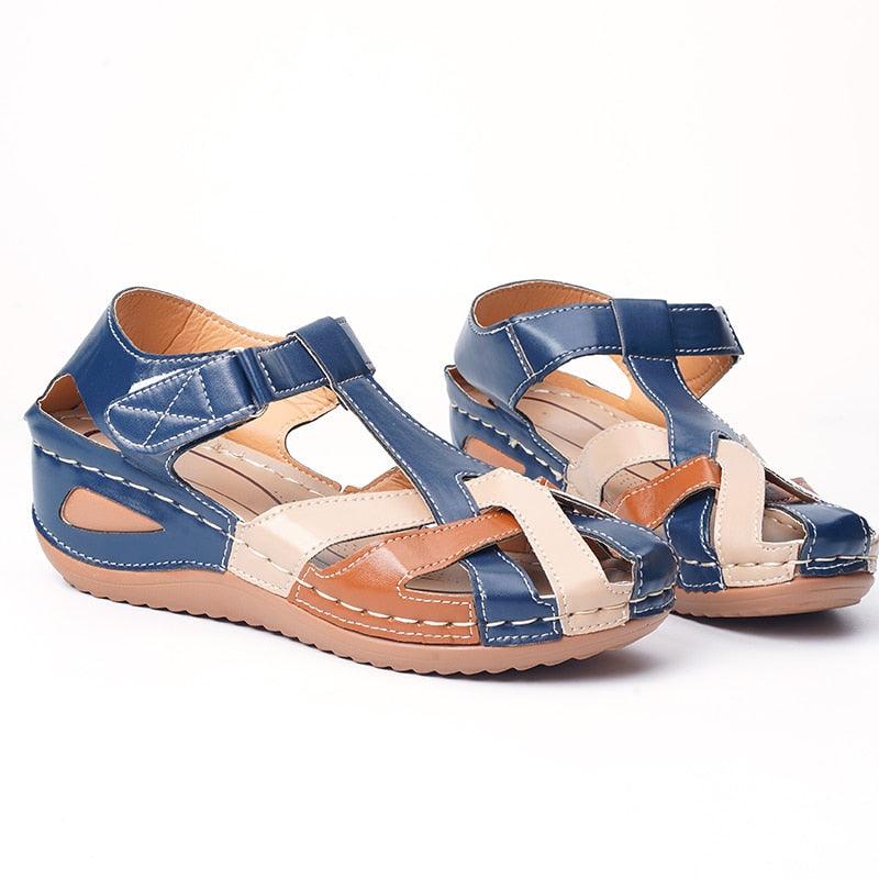 Stevvex women's sandals pair in blue and beige leather with cross straps and back Velcro on Tampa Home & Garden Store