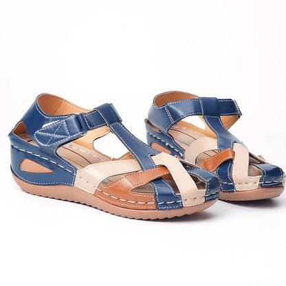 Stevvex women's sandals pair in blue and beige leather with cross straps and back Velcro on Tampa Home & Garden Store