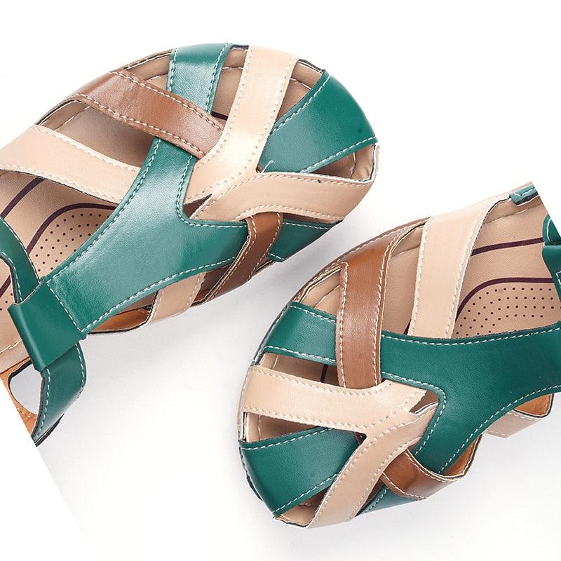 Stevvex women's leather sandals with teal beige straps, round toe, arch support pair on Tampa Home & Garden Store