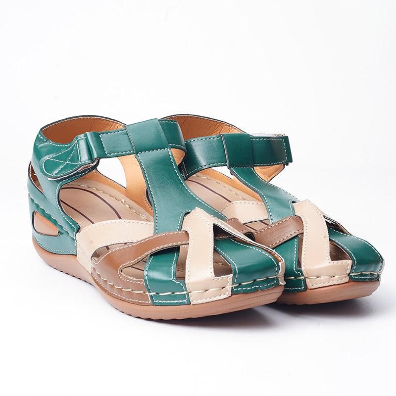 Fashion women sandals teal beige leather strappy slip-on with arch support Stevvex on Tampa Home & Garden Store