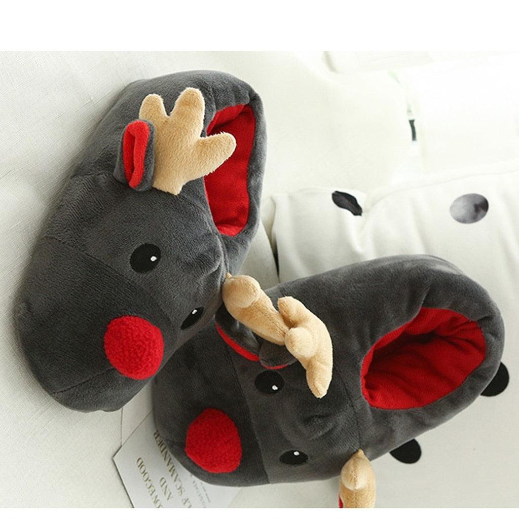 Stevvex women plush deer slippers gray with red lining antlers cozy indoor non-slip sole on Tampa Home & Garden Store