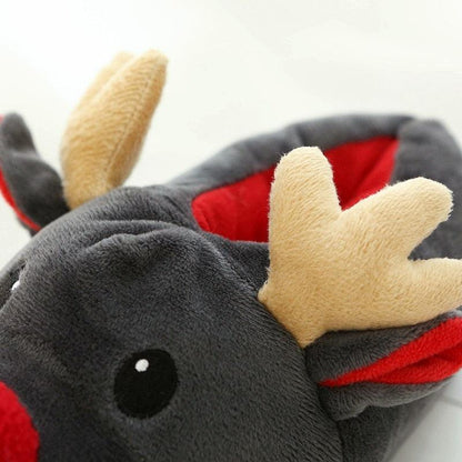 Stevvex women's plush reindeer slippers gray with beige antlers and red lining on Tampa Home & Garden Store