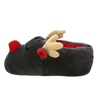 Stevvex women's black reindeer plush slippers with red nose and antlers indoor warmth on Tampa Home & Garden Store