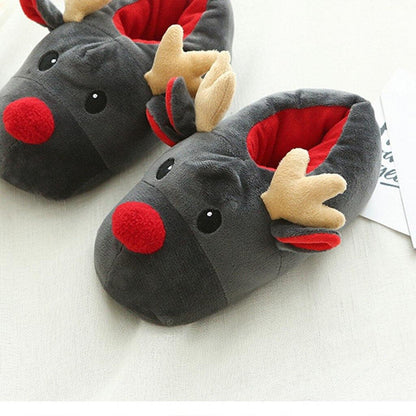 Gray reindeer plush slippers pair with red nose, beige antlers for cozy indoor wear on Tampa Home & Garden Store