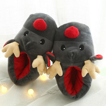 Stevvex plush deer slippers gray with red nose beige claws, warm cozy indoor footwear pair on Tampa Home & Garden Store