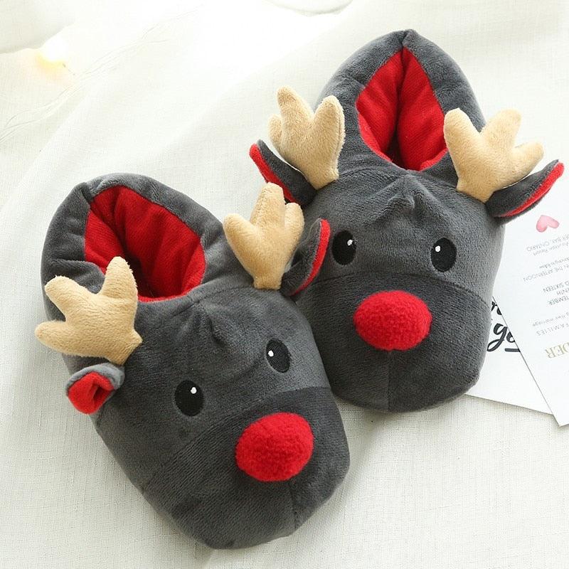 Stevvex gray plush deer slippers pair with red nose and beige antlers, red-lined interior on Tampa Home & Garden Store