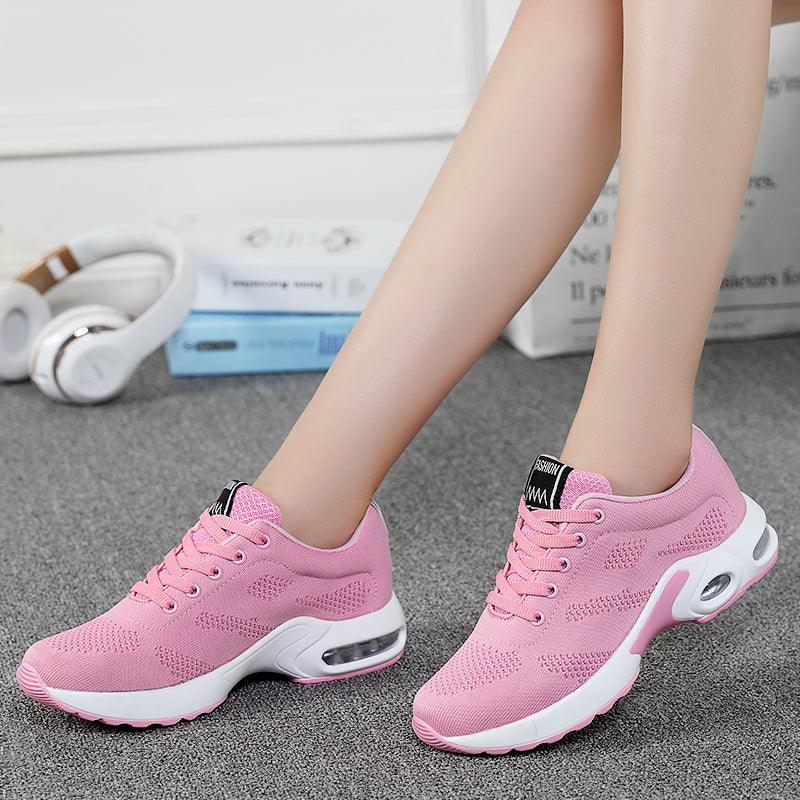 Stevvex pink mesh lace-up athletic sneakers pair with air cushion heel and white sole on Tampa Home & Garden Store