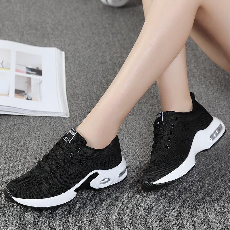 Stevvex black mesh womens athletic sneakers with white air-cushioned sole pair on Tampa Home & Garden Store
