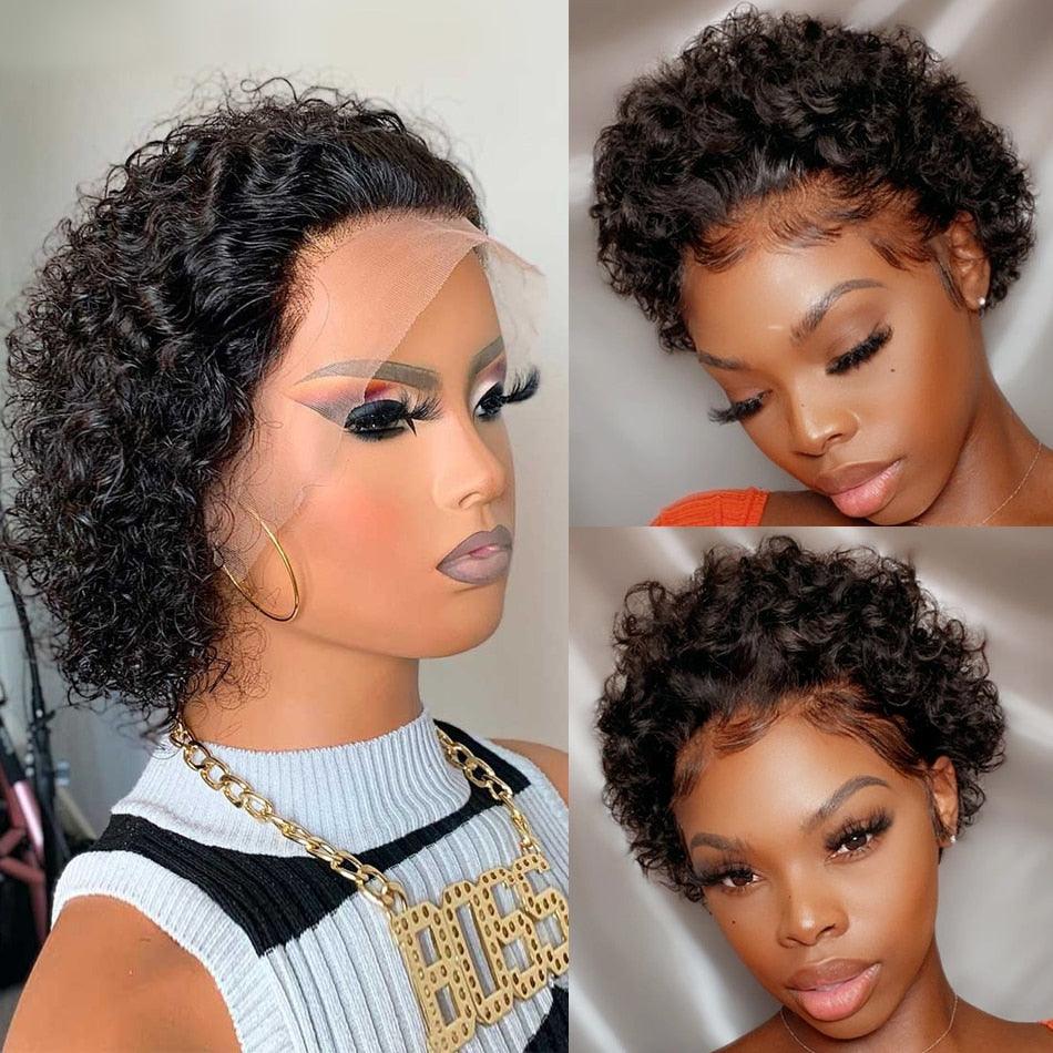 Short curly pixie cut wig with 13x1 lace front, black human hair, pre-plucked, Stevvex on Tampa Home & Garden Store