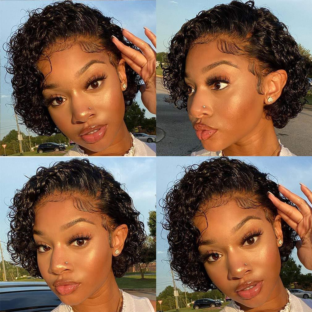 Stevvex pixie cut wig, short curly human hair, 13x1 lace, black, pre-plucked, four-view collage on Tampa Home & Garden Store