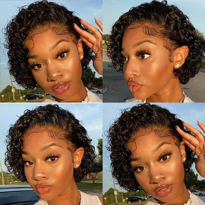 Stevvex pixie cut wig, short curly human hair, 13x1 lace, black, pre-plucked, four-view collage on Tampa Home & Garden Store