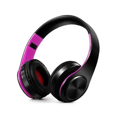 Stevvex Bluetooth foldable stereo headphones black with magenta accents on Tampa Home & Garden Store