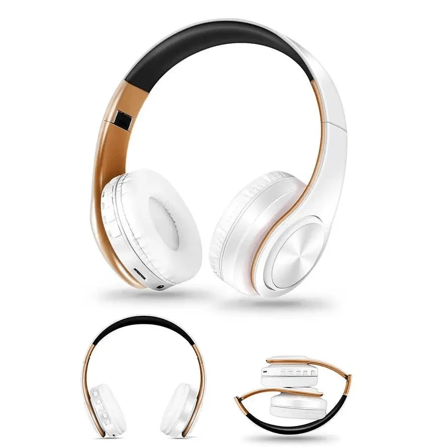 Headphones Stevvex wireless stereo white and gold foldable over-ear headset lightweight on Tampa Home & Garden Store
