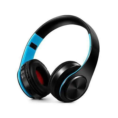 Headphones Stevvex Bluetooth foldable stereo over-ear headset, black with blue trim on Tampa Home & Garden Store