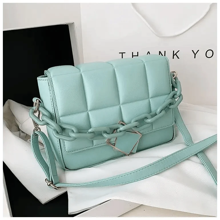 Stevvex quilted teal crossbody shoulder bag with chunky chain strap and geometric front lock on Tampa Home & Garden Store