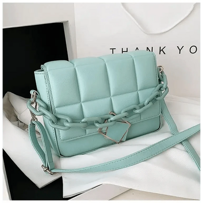 Stevvex quilted teal crossbody shoulder bag with chunky chain strap and geometric front lock on Tampa Home & Garden Store