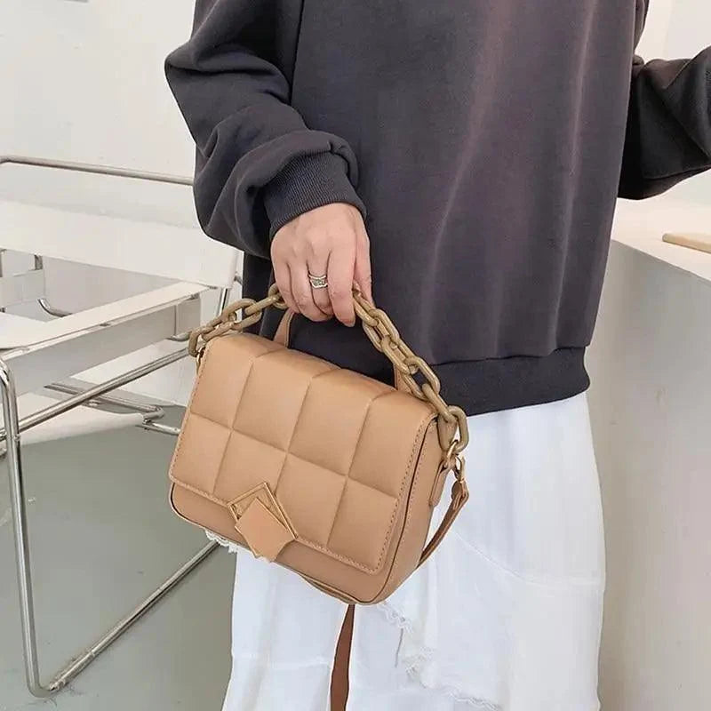 Stevvex quilted tan shoulder bag with chunky chain strap and front flap clasp on Tampa Home & Garden Store