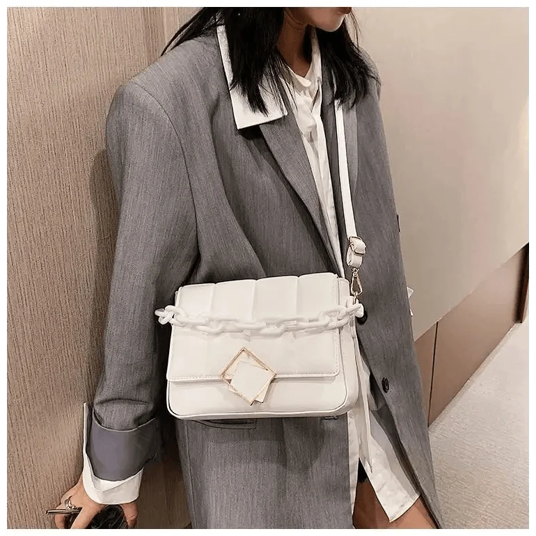 Shoulder bag by Stevvex, white faux leather cross-body with chain front detail and square clasp on Tampa Home & Garden Store