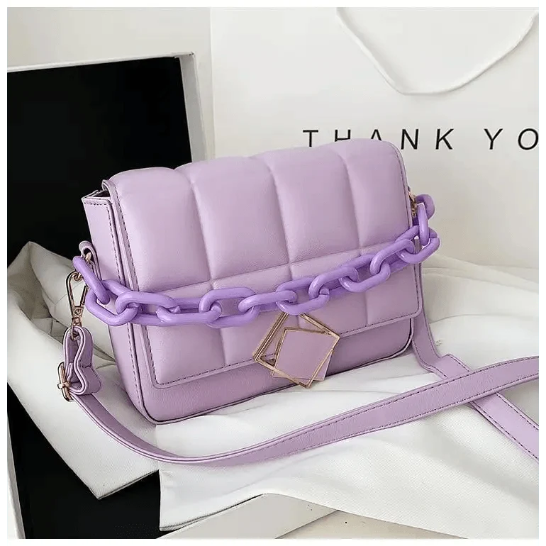 Shoulder bag Stevvex lavender quilted with a chunky lilac chain strap and gold square clasp on Tampa Home & Garden Store