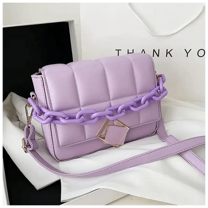 Shoulder bag Stevvex lavender quilted with a chunky lilac chain strap and gold square clasp on Tampa Home & Garden Store