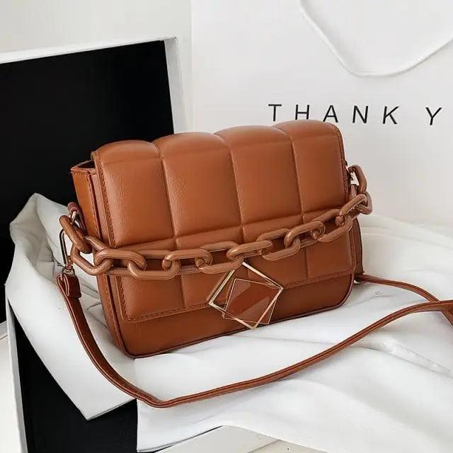 Stevvex ST93140LMN tan quilted shoulder bag with chunky chain strap and geometric pendant on Tampa Home & Garden Store