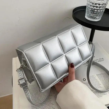 Stevvex silver quilted crossbody shoulder bag with square-panel design on Tampa Home & Garden Store