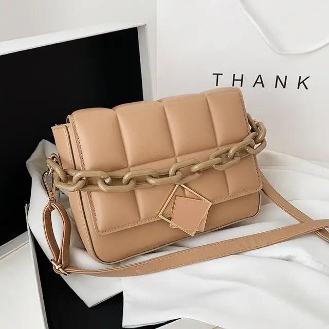Stevvex women's beige quilted shoulder bag with chunky chain strap and square pendant on Tampa Home & Garden Store