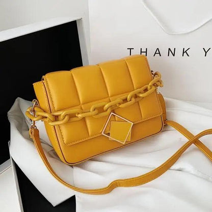 Stevvex yellow quilted shoulder bag with chunky chain strap and square clasp on Tampa Home & Garden Store