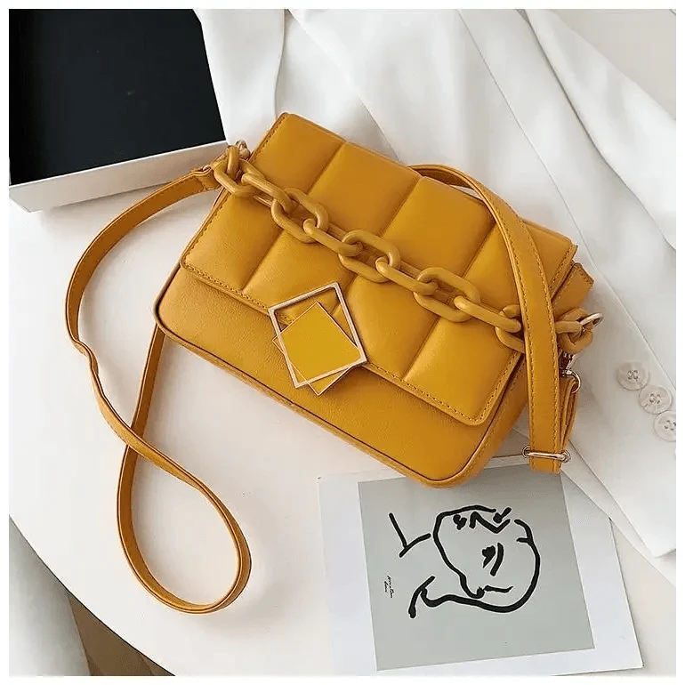 Stevvex yellow quilted shoulder bag crossbody with chunky chain strap and square clasp on Tampa Home & Garden Store
