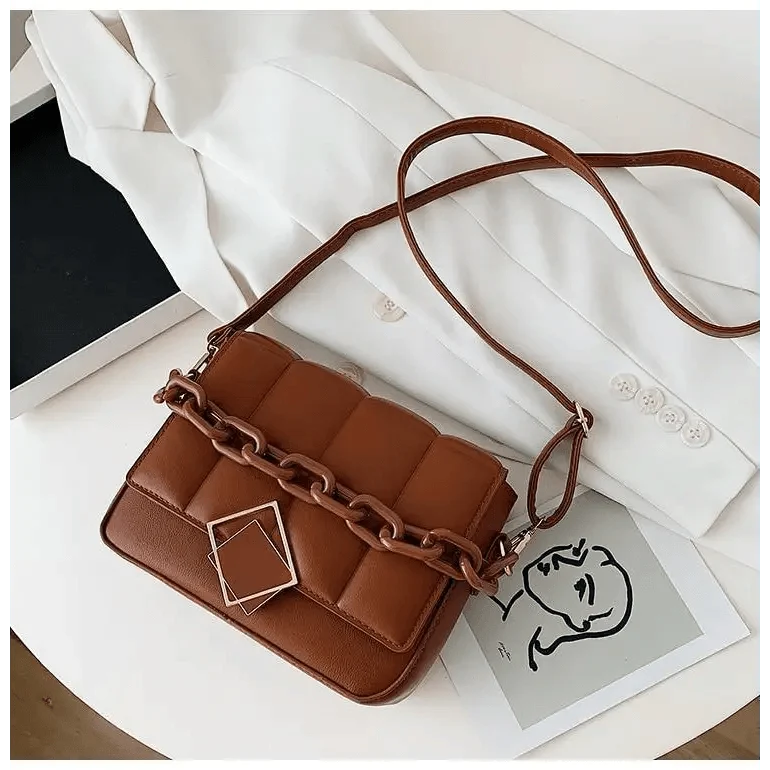 Stevvex brown quilted leather shoulder bag with chunky chain strap crossbody on Tampa Home & Garden Store