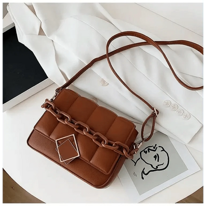 Stevvex brown quilted leather shoulder bag with chunky chain strap crossbody on Tampa Home & Garden Store