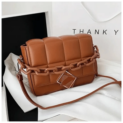Shoulder bag brown quilted leather-look with chunky chain and square pendant crossbody on Tampa Home & Garden Store